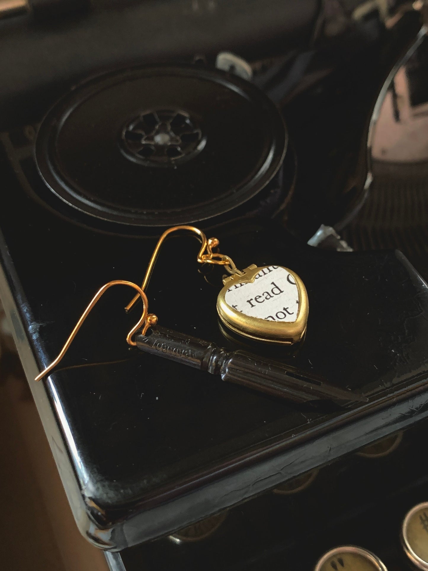 Ink & Quill Mismatched Earrings – Vintage Pen Nib and Heart Locket, For Writers, Poets, and Scholars of the Written Word