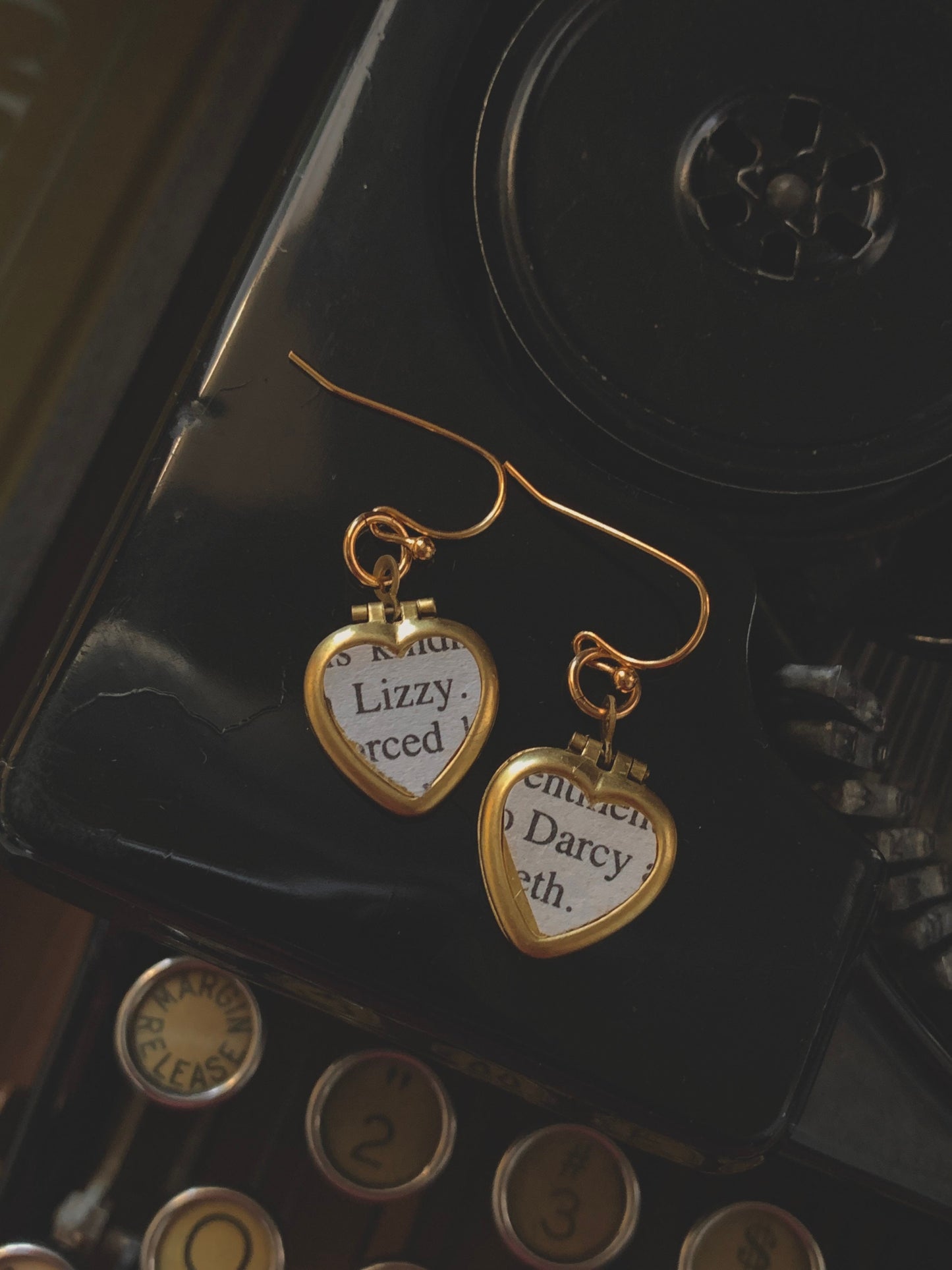 Lizzy and Darcy Heart Locket Earrings – Pride & Prejudice Jewelry, Literary Gift, Raw Brass, Romantic Book Lover’s Keepsake