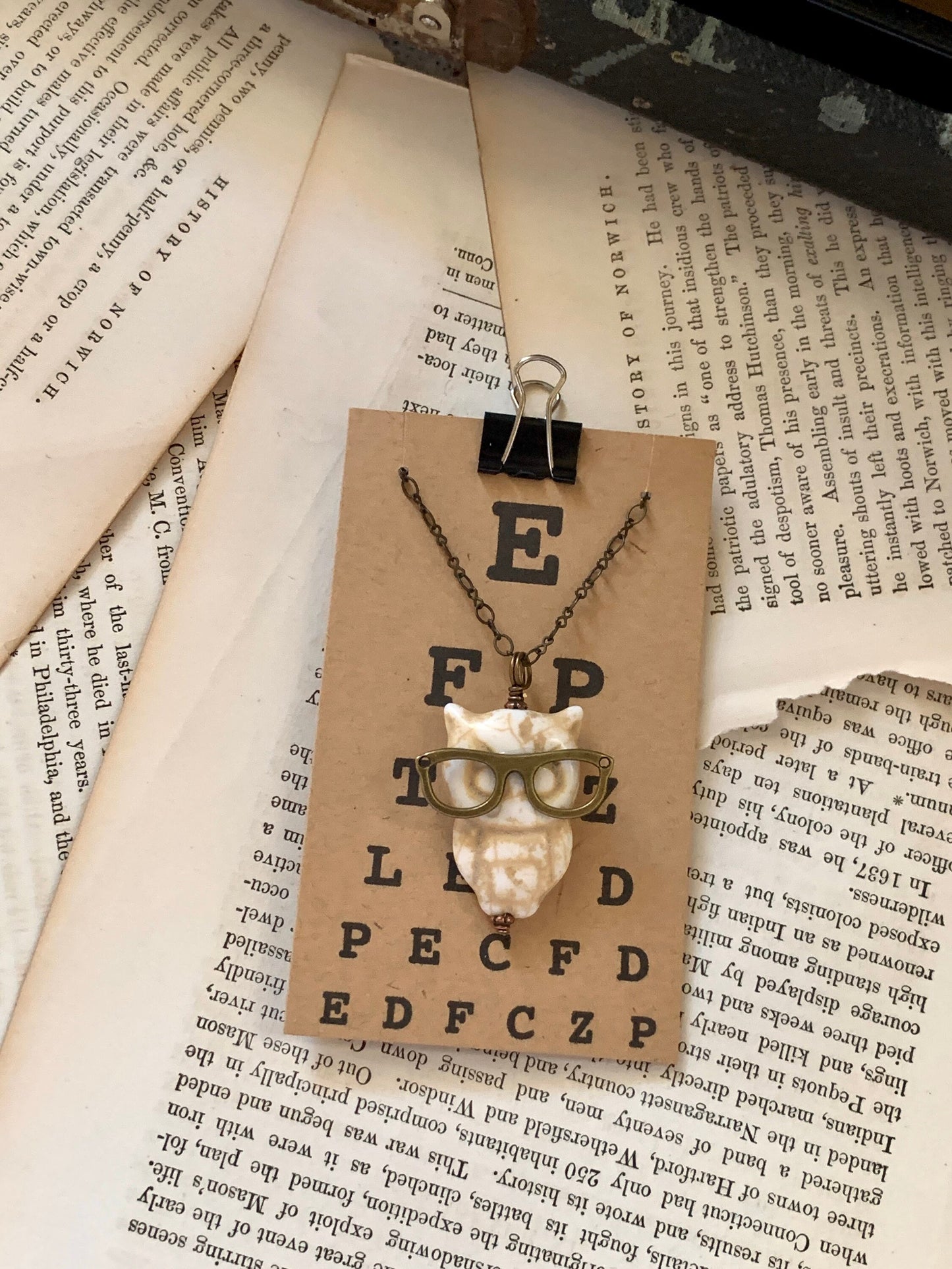 Off white owl wearing bronze eyeglasses pendant necklace, owl jewelry, nerd necklace, geek jewelry, Presbyopic Owl