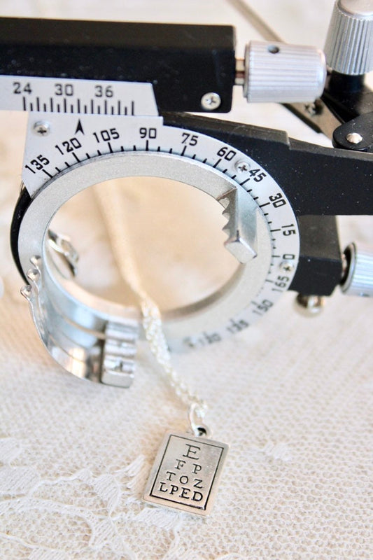 Mini Snellen chart charm necklace, silver tone, eye chart necklace, optical jewelry, optician jewelry, optometrist jewelry, Dress in 20/20
