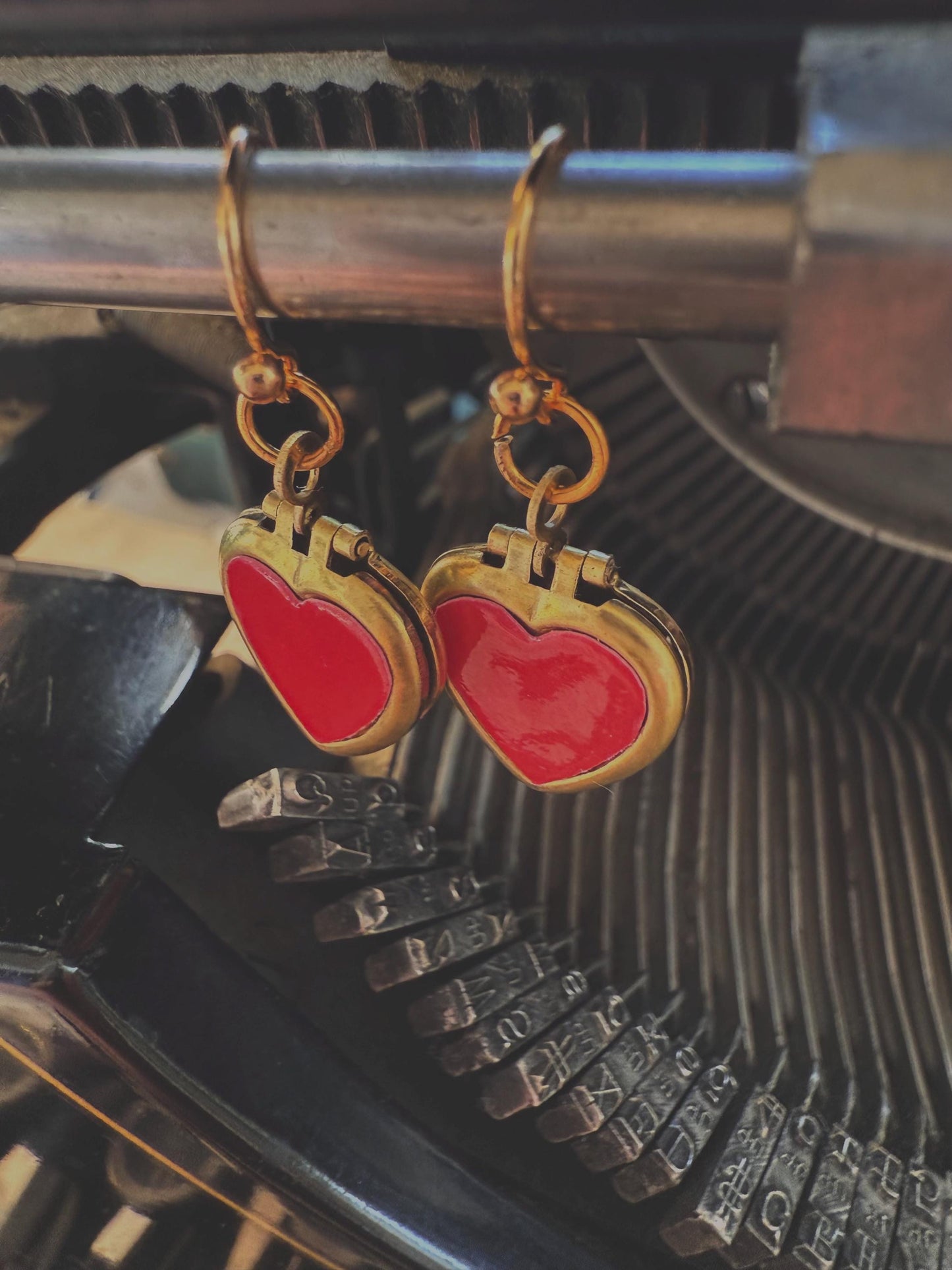 Shiny red heart locket earrings, raw brass lover hearts, romantic, timeless, and perfect for gifting