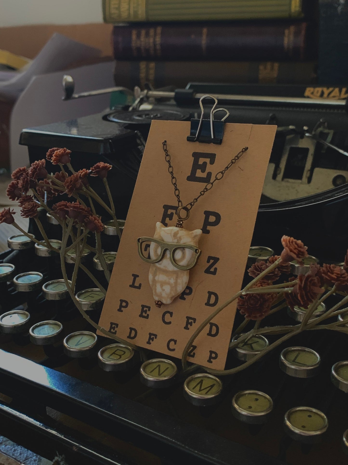 Off white owl wearing bronze eyeglasses pendant necklace, owl jewelry, nerd necklace, geek jewelry, Presbyopic Owl