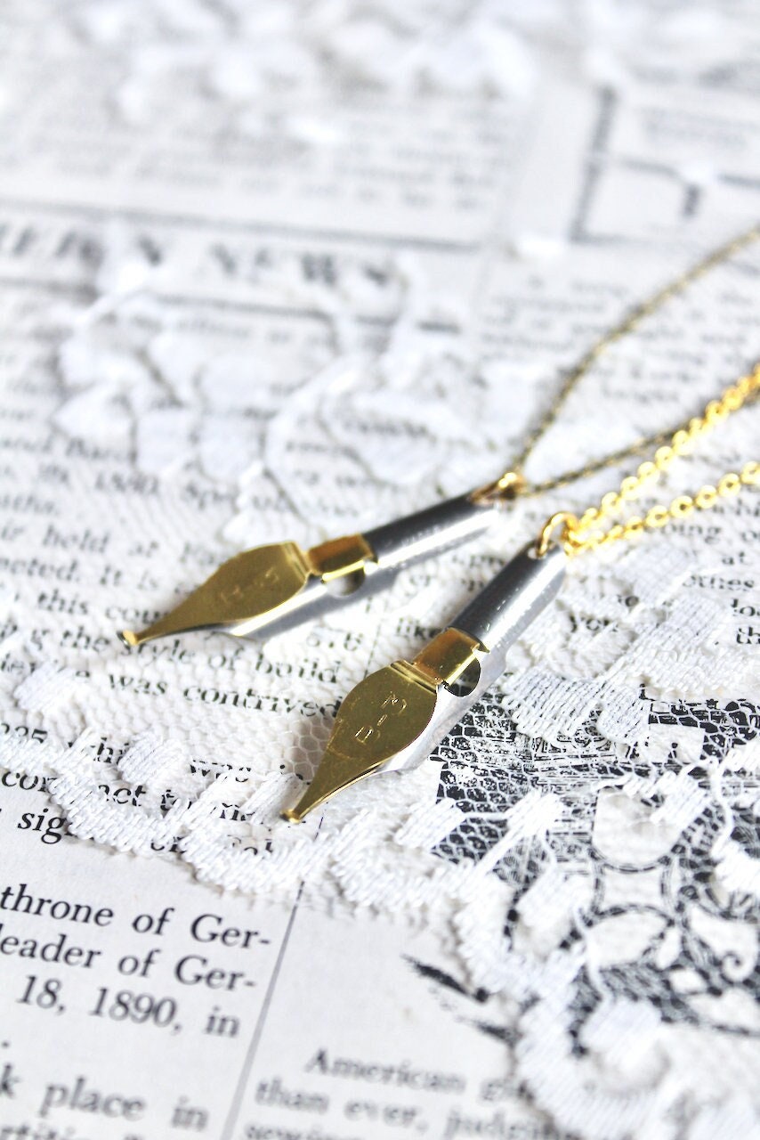 Vintage Speedball calligraphy pen necklace, pen nib necklace, stainless steel and brass, Speedball dip pen, pen nib, writer gift
