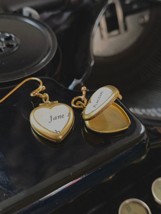Jane Austen Heart Locket Earrings – Elegant Literary Jewelry for Book Lovers – Vintage Paper Keepsake – Romantic Regency-Inspired Gift