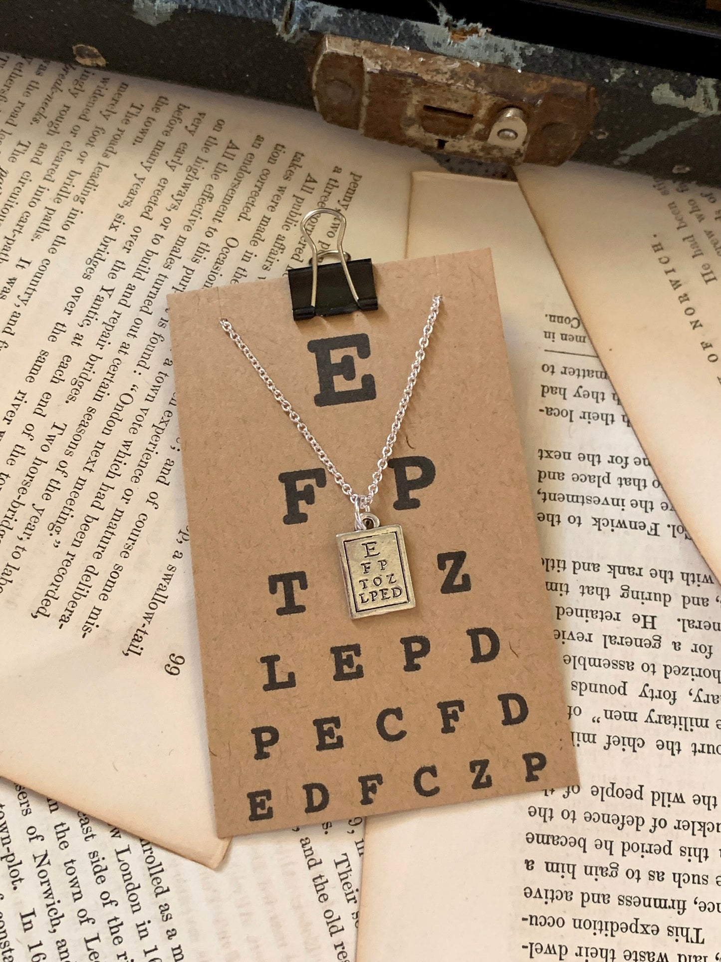 Mini Snellen chart charm necklace, silver tone, eye chart necklace, optical jewelry, optician jewelry, optometrist jewelry, Dress in 20/20