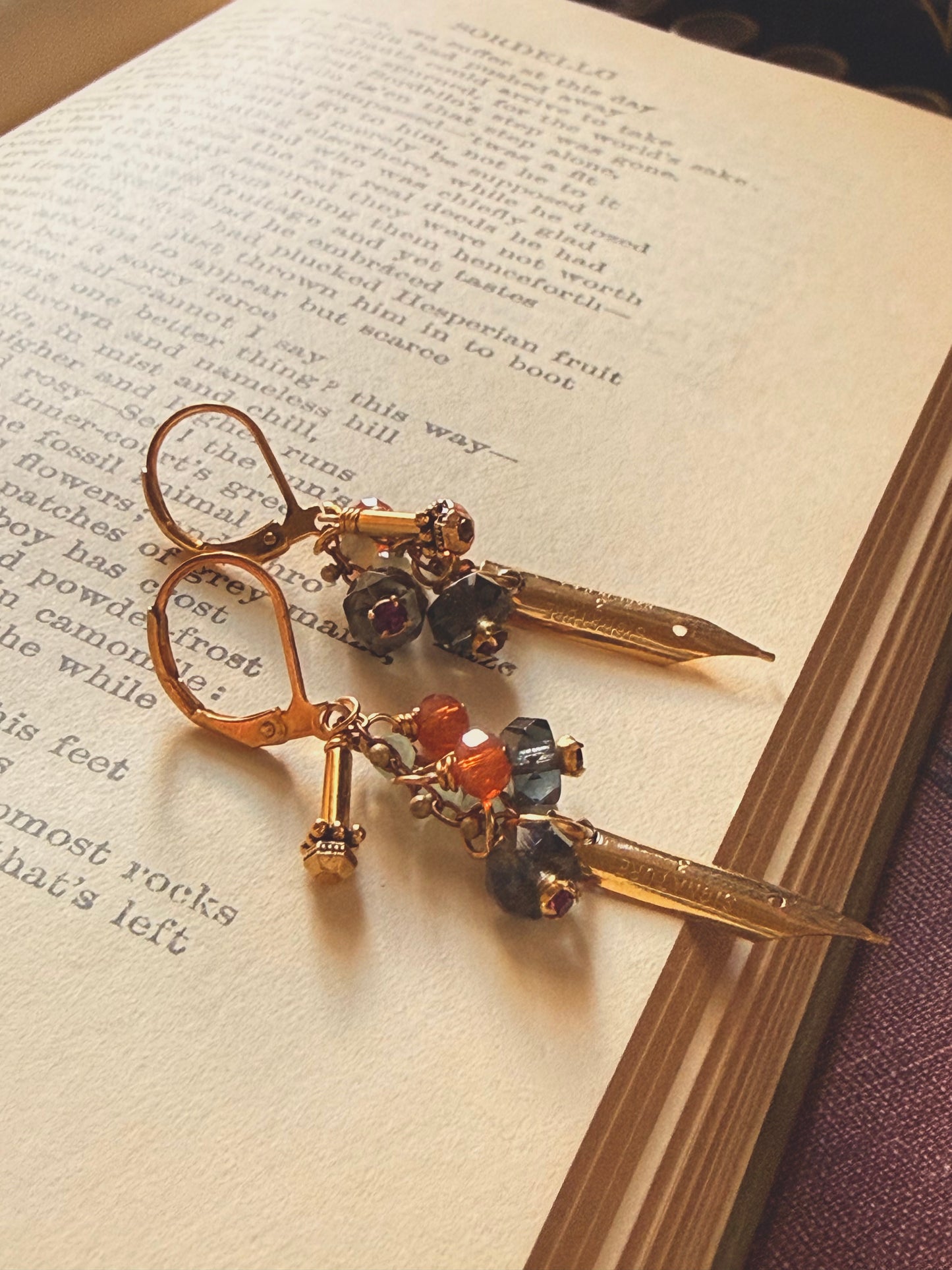 Multicolor jewel toned vintage pen nib earrings, clustered glass bead dangles