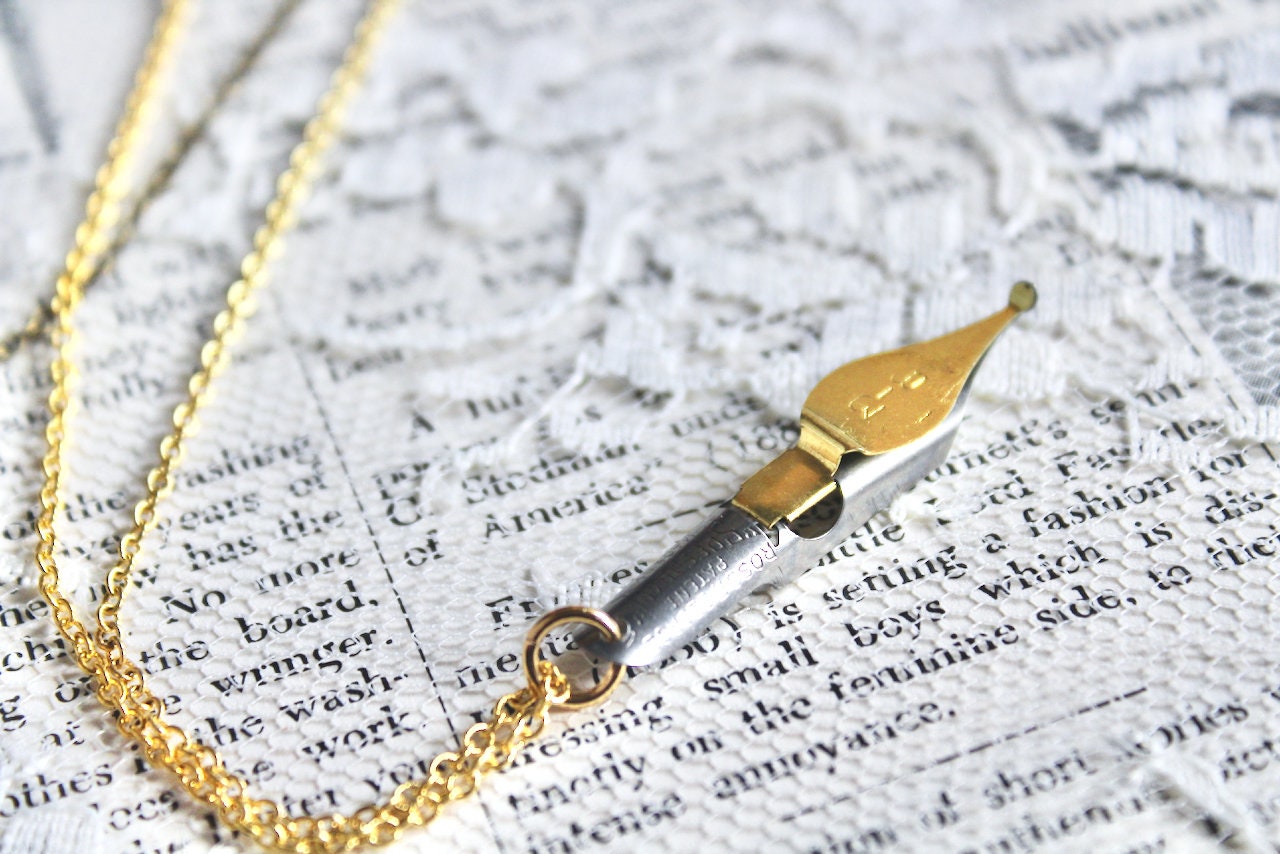 Vintage Speedball calligraphy pen necklace, pen nib necklace, stainless steel and brass, Speedball dip pen, pen nib, writer gift