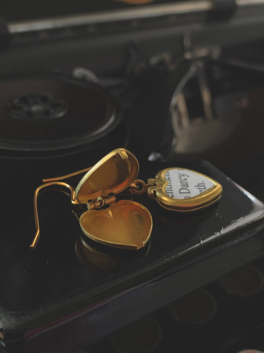 Lizzy and Darcy Heart Locket Earrings – Pride & Prejudice Jewelry, Literary Gift, Raw Brass, Romantic Book Lover’s Keepsake
