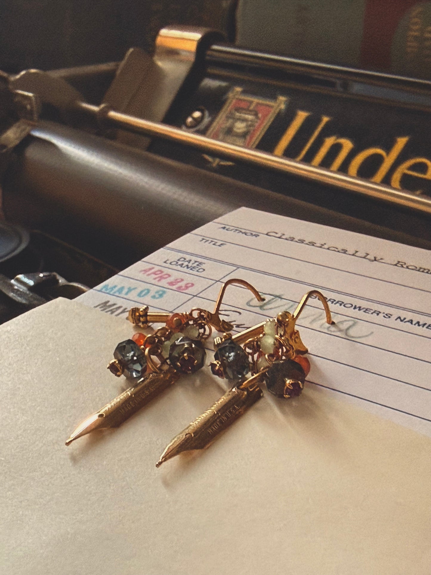 Multicolor jewel toned vintage pen nib earrings, clustered glass bead dangles