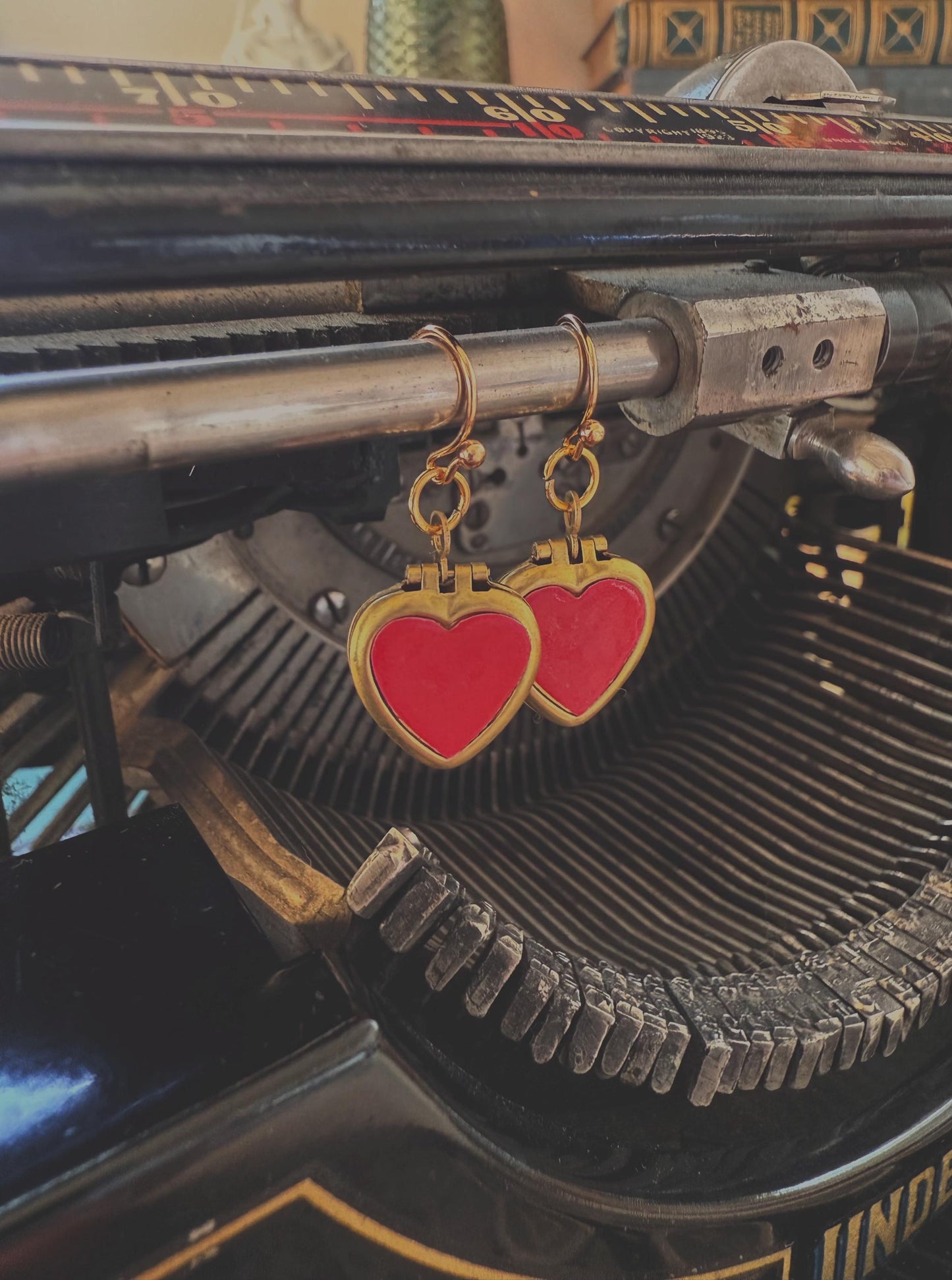 Shiny red heart locket earrings, raw brass lover hearts, romantic, timeless, and perfect for gifting
