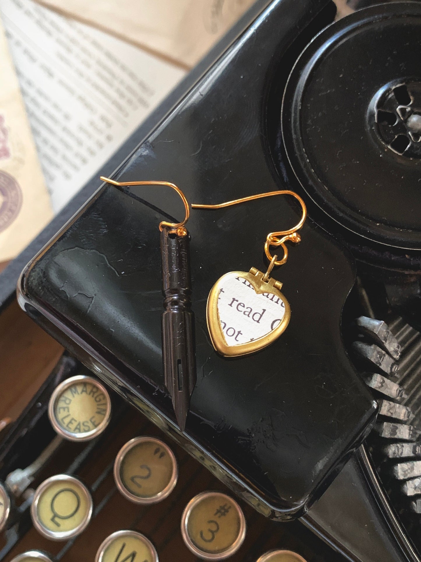 Ink & Quill Mismatched Earrings – Vintage Pen Nib and Heart Locket, For Writers, Poets, and Scholars of the Written Word