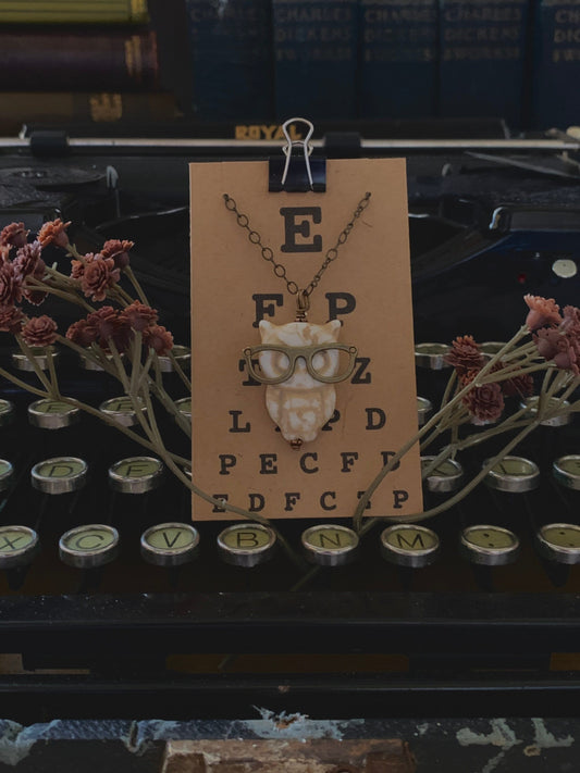 Off white owl wearing bronze eyeglasses pendant necklace, owl jewelry, nerd necklace, geek jewelry, Presbyopic Owl