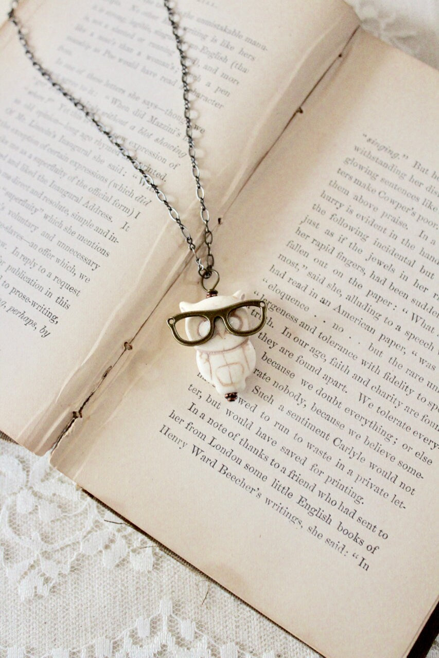 Off white owl wearing bronze eyeglasses pendant necklace, owl jewelry, nerd necklace, geek jewelry, Presbyopic Owl