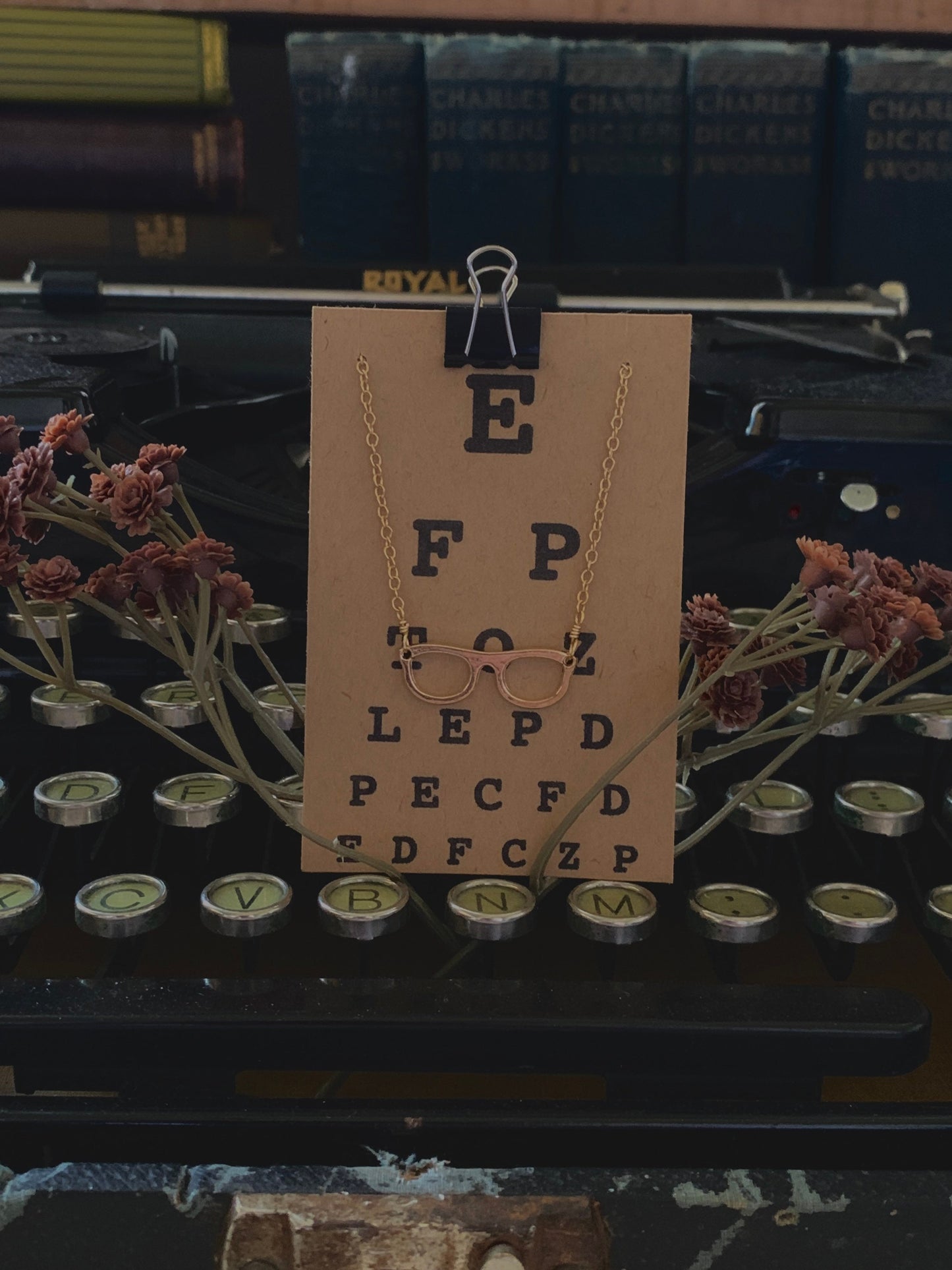 Gold eyeglass charm necklace, librarian gift, bookish jewelry, optical jewelry, optician jewelry, Four Eyes Are Better Than None