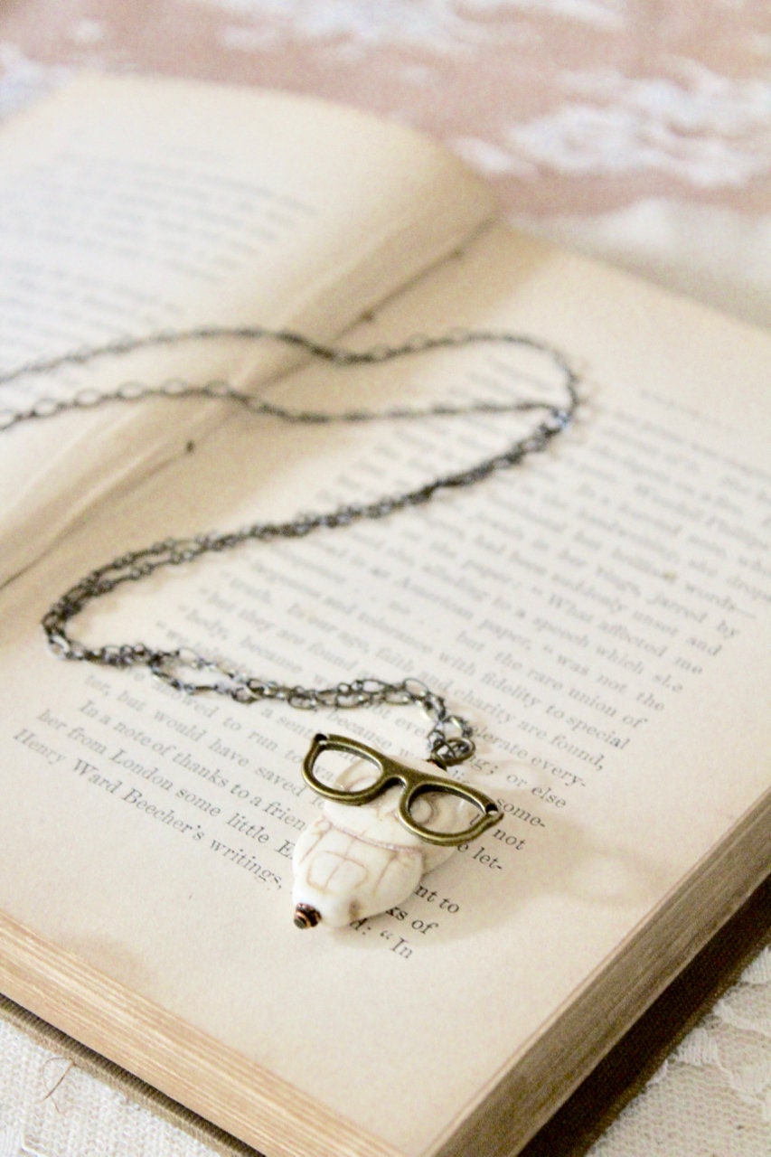 Off white owl wearing bronze eyeglasses pendant necklace, owl jewelry, nerd necklace, geek jewelry, Presbyopic Owl