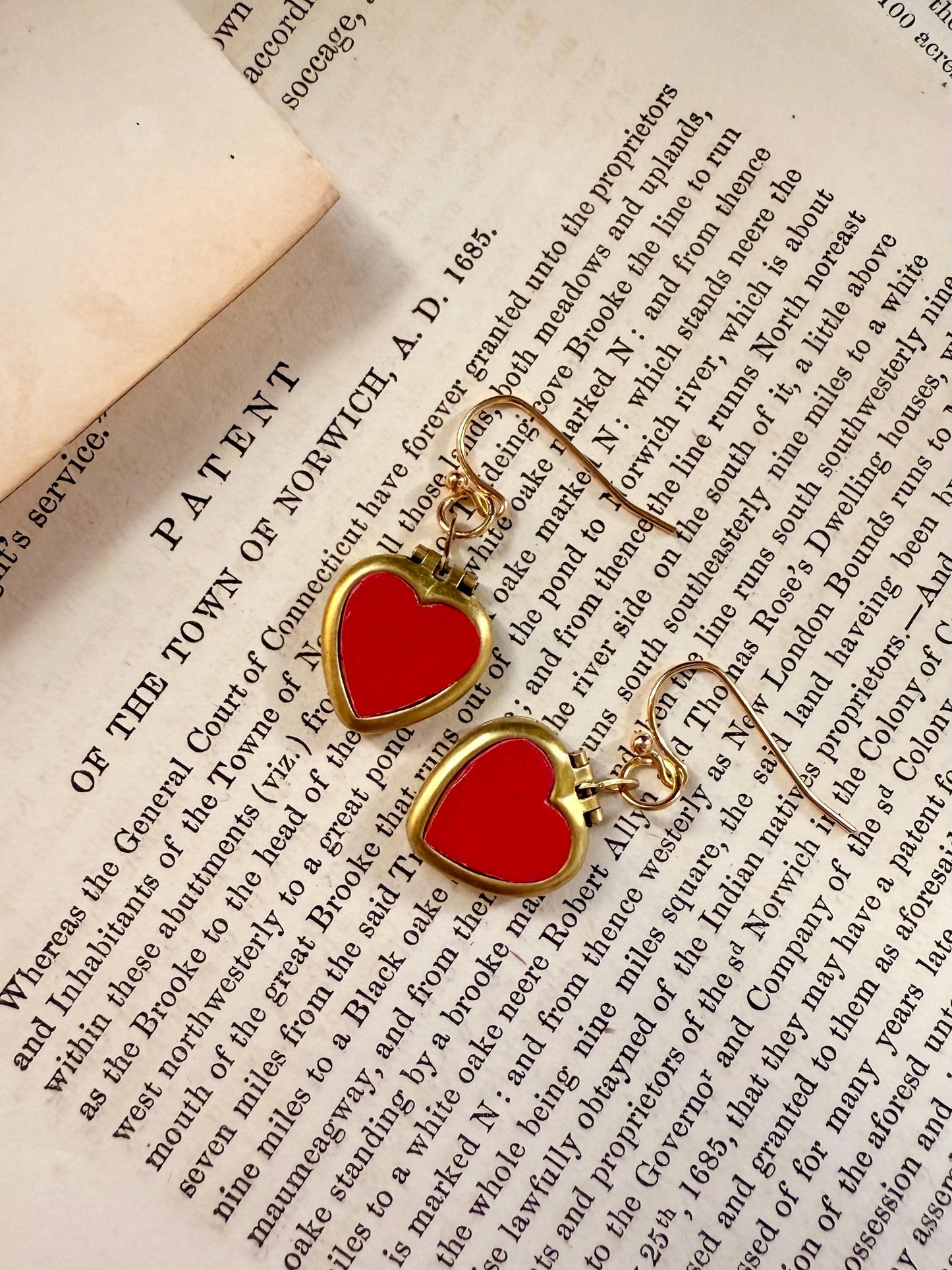 Shiny red heart locket earrings, raw brass lover hearts, romantic, timeless, and perfect for gifting