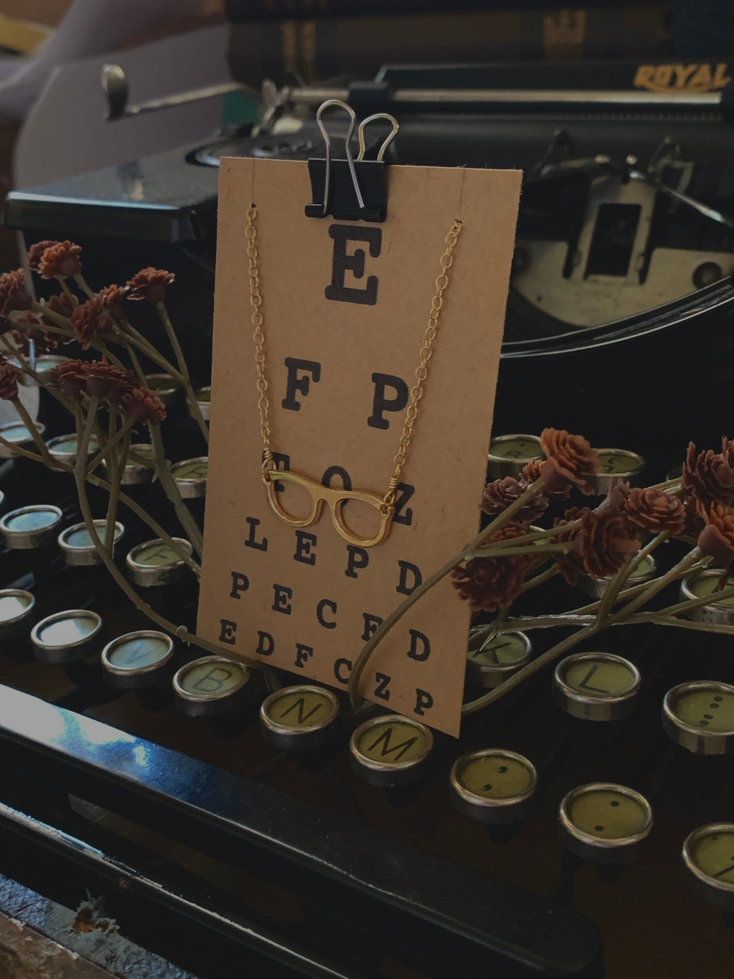 Gold eyeglass charm necklace, librarian gift, bookish jewelry, optical jewelry, optician jewelry, Four Eyes Are Better Than None