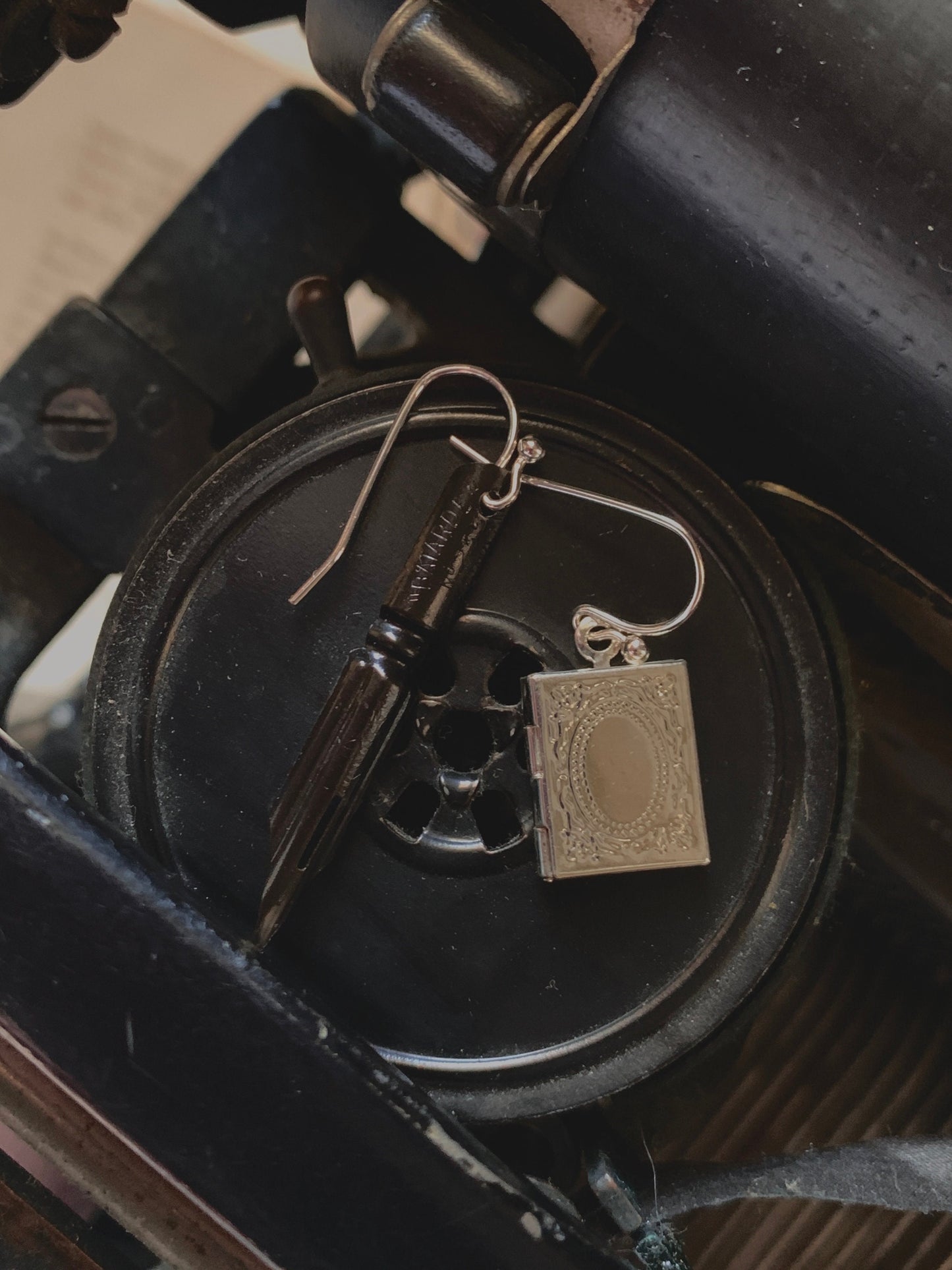 Black French vintage fountain pen & book locket earrings, mismatched earrings, fountain pen jewelry, pen nib jewelry, unique gift, book gift