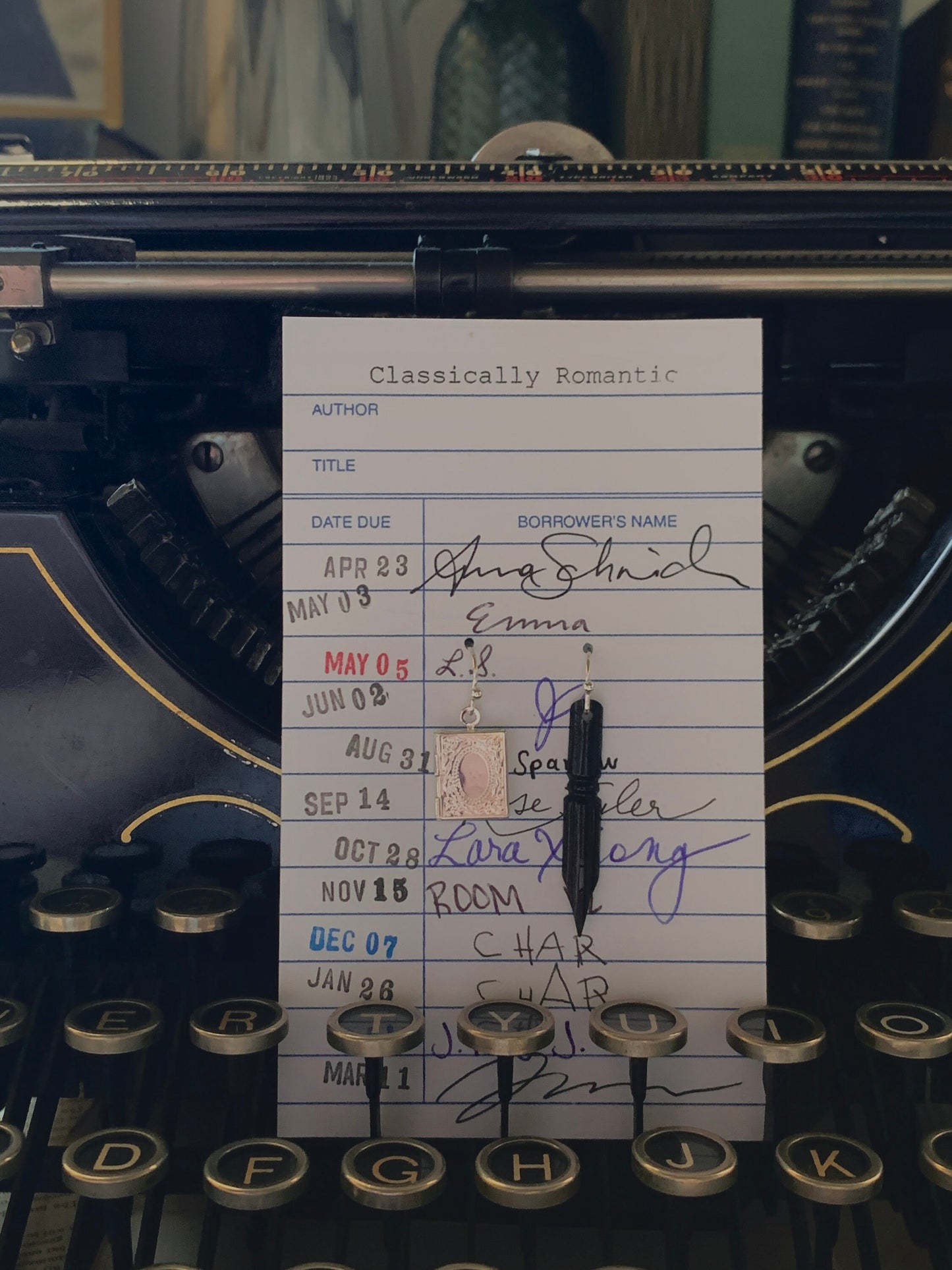 Black French vintage fountain pen & book locket earrings, mismatched earrings, fountain pen jewelry, pen nib jewelry, unique gift, book gift