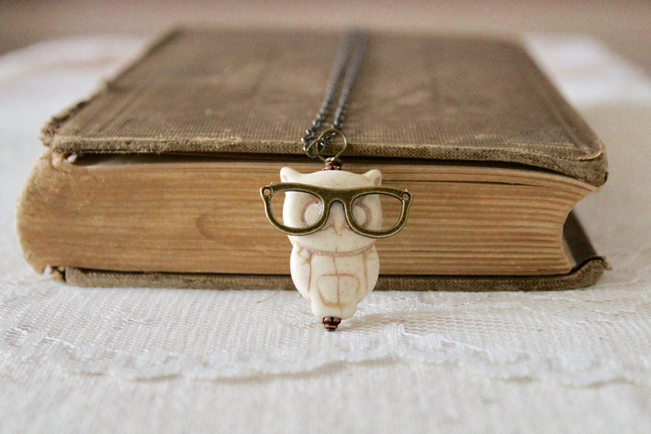 Off white owl wearing bronze eyeglasses pendant necklace, owl jewelry, nerd necklace, geek jewelry, Presbyopic Owl