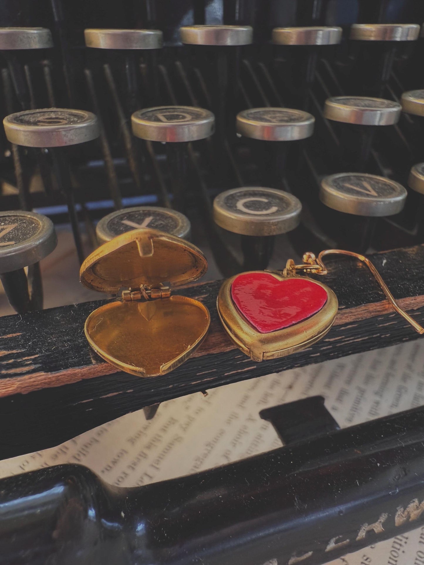 Shiny red heart locket earrings, raw brass lover hearts, romantic, timeless, and perfect for gifting