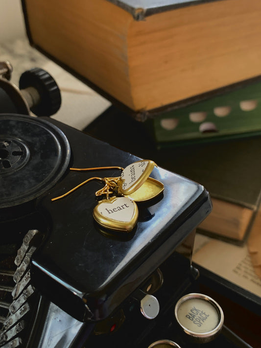 Heart & Brains locket earrings, heart locket earrings, introvert earrings, vintage paper locket, dark academia gift, book gift