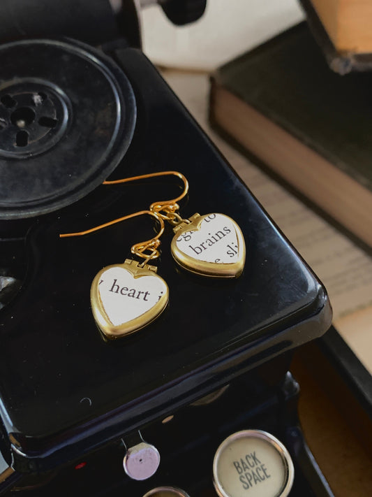 Heart & Brains locket earrings, heart locket earrings, introvert earrings, vintage paper locket, dark academia gift, book gift