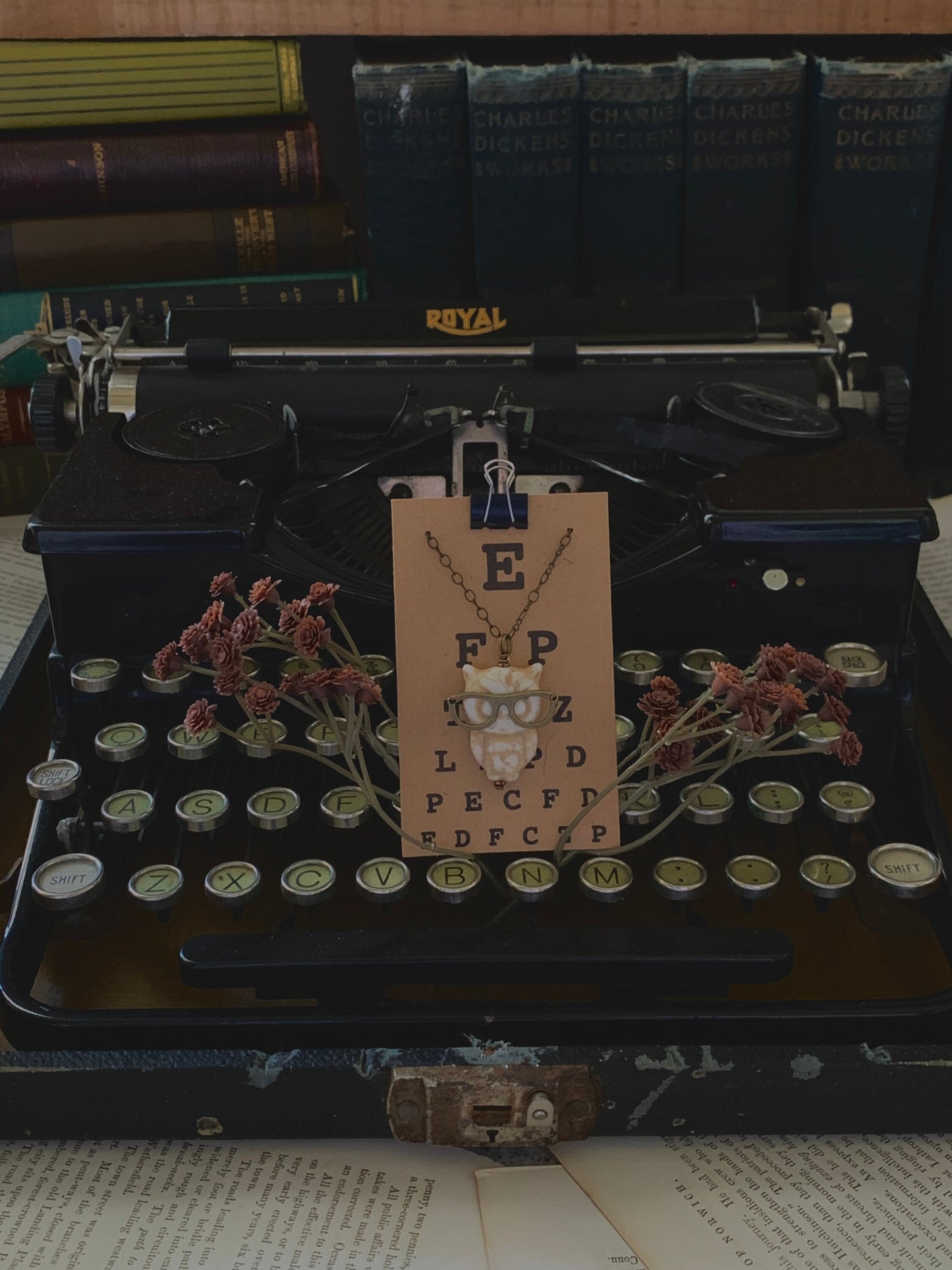 Off white owl wearing bronze eyeglasses pendant necklace, owl jewelry, nerd necklace, geek jewelry, Presbyopic Owl