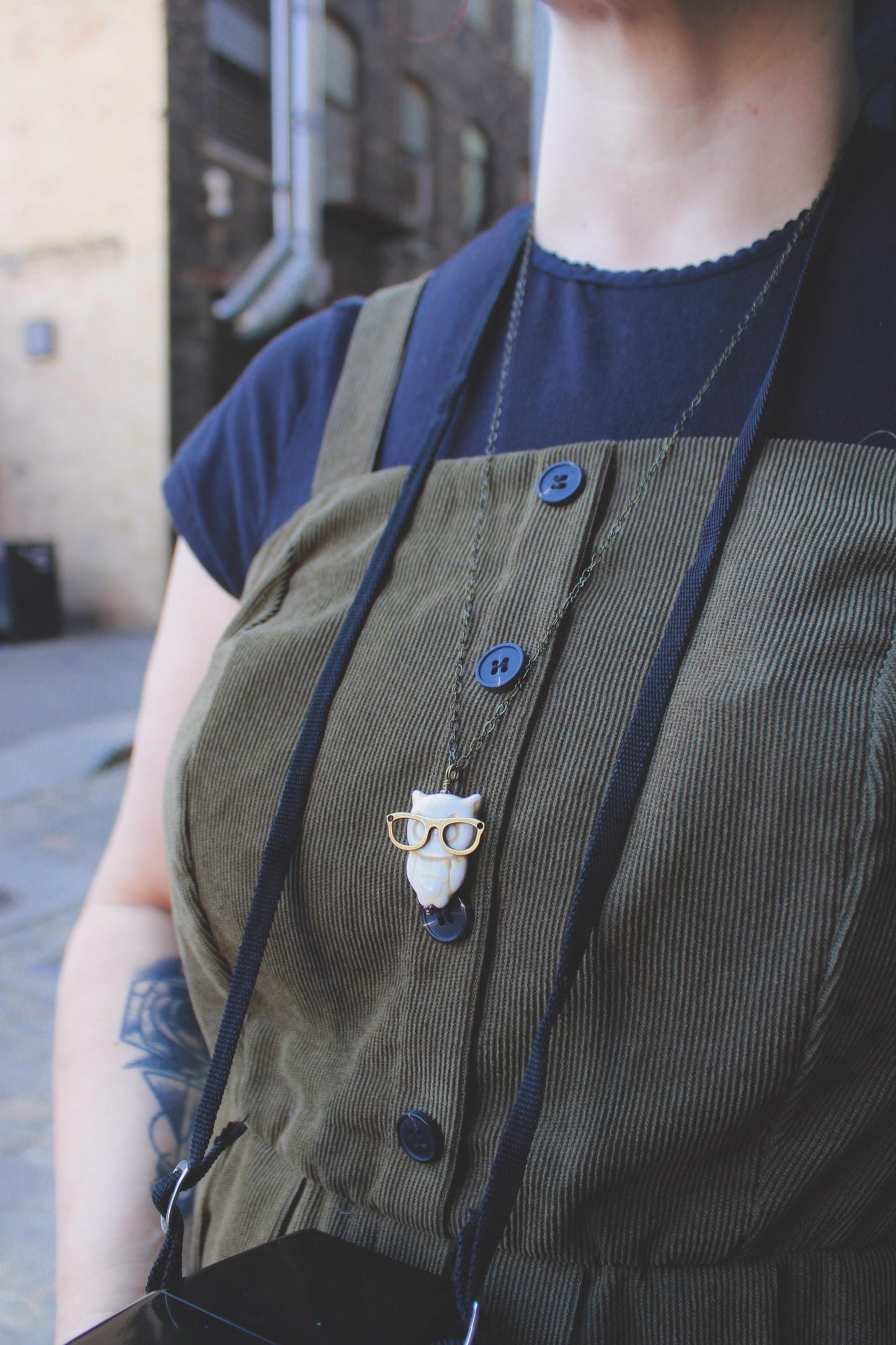 Off white owl wearing bronze eyeglasses pendant necklace, owl jewelry, nerd necklace, geek jewelry, Presbyopic Owl