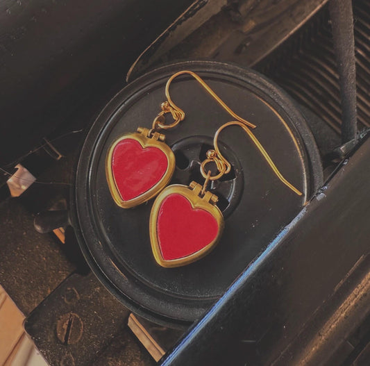Shiny red heart locket earrings, raw brass lover hearts, romantic, timeless, and perfect for gifting