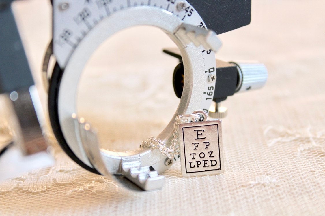Mini Snellen chart charm necklace, silver tone, eye chart necklace, optical jewelry, optician jewelry, optometrist jewelry, Dress in 20/20
