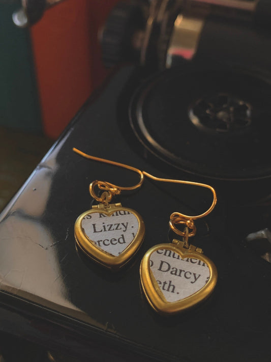 Lizzy and Darcy Heart Locket Earrings – Pride & Prejudice Jewelry, Literary Gift, Raw Brass, Romantic Book Lover’s Keepsake