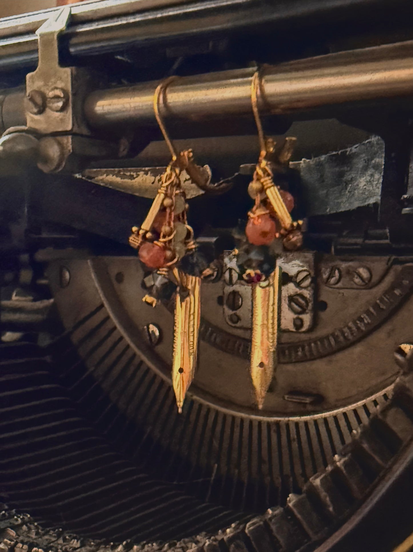 Multicolor jewel toned vintage pen nib earrings, clustered glass bead dangles