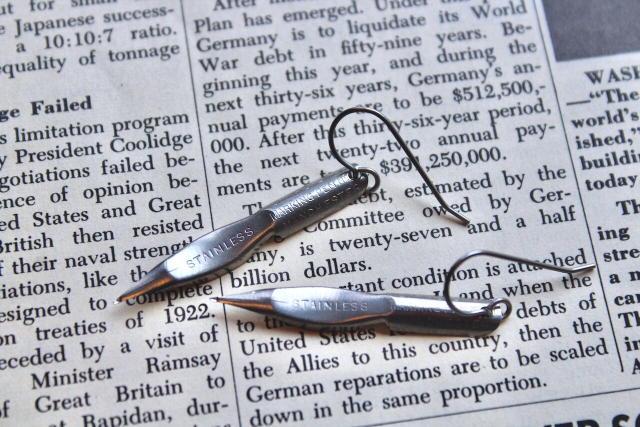 Vintage empire pen co. pen nib earrings, stainless, no. 21, pen nib earrings, vintage pen nib, calligraphy gift, writer gift, dark academia