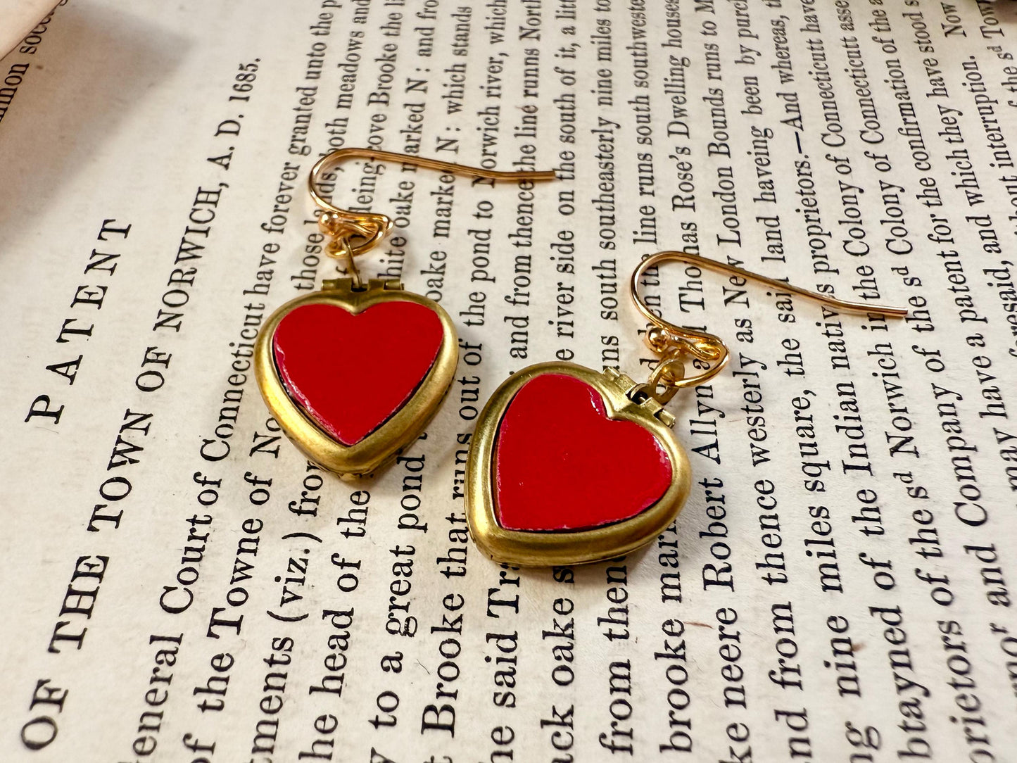 Shiny red heart locket earrings, raw brass lover hearts, romantic, timeless, and perfect for gifting