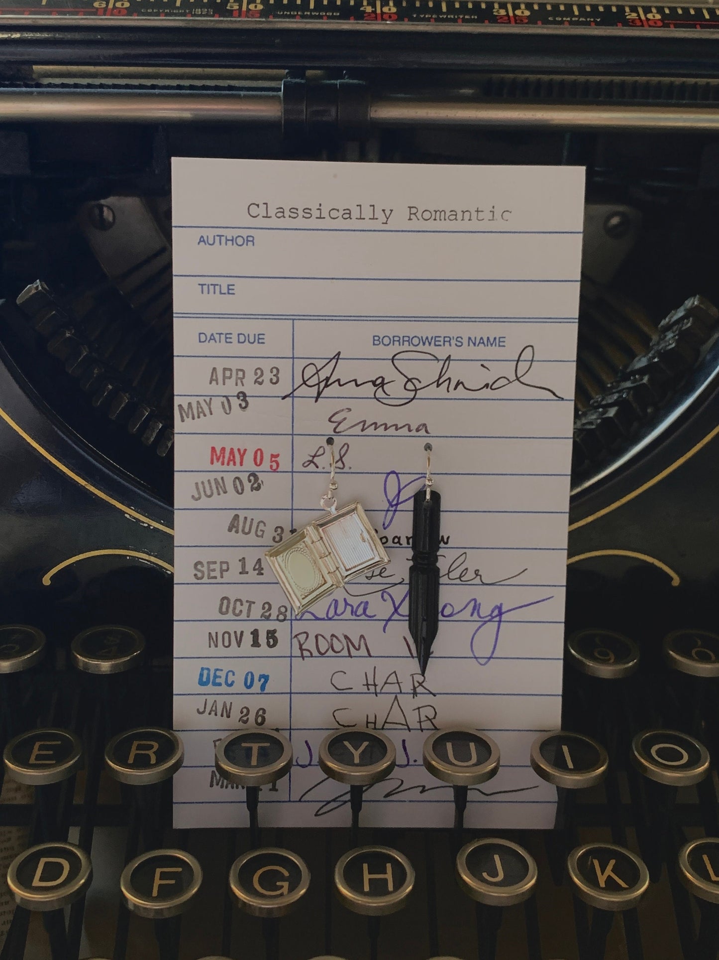 Black French vintage fountain pen & book locket earrings, mismatched earrings, fountain pen jewelry, pen nib jewelry, unique gift, book gift