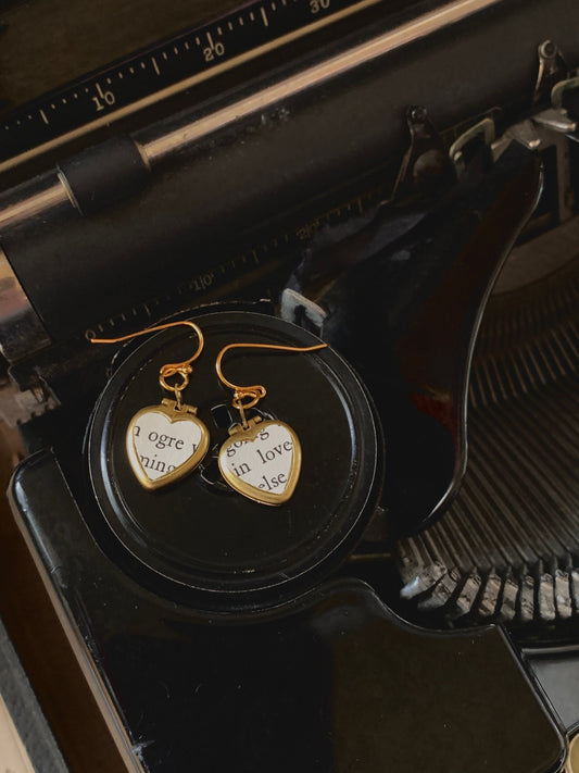 Funny locket earrings, heart locket earrings, ogre earrings, vintage paper locket, dark academia gift, book gift, movie gift