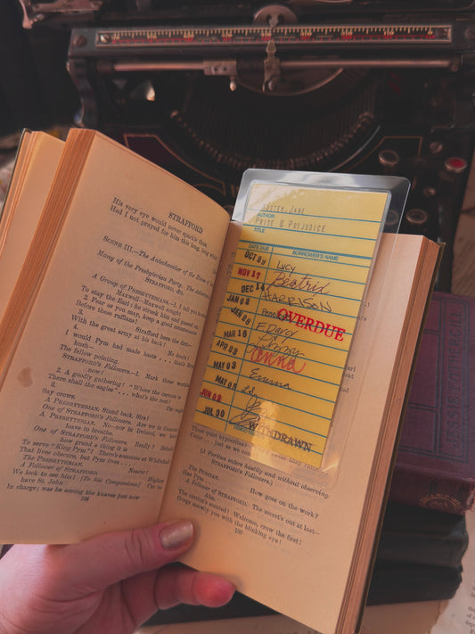 Retro yellow library borrower’s card bookmark, Pride & Prejudice