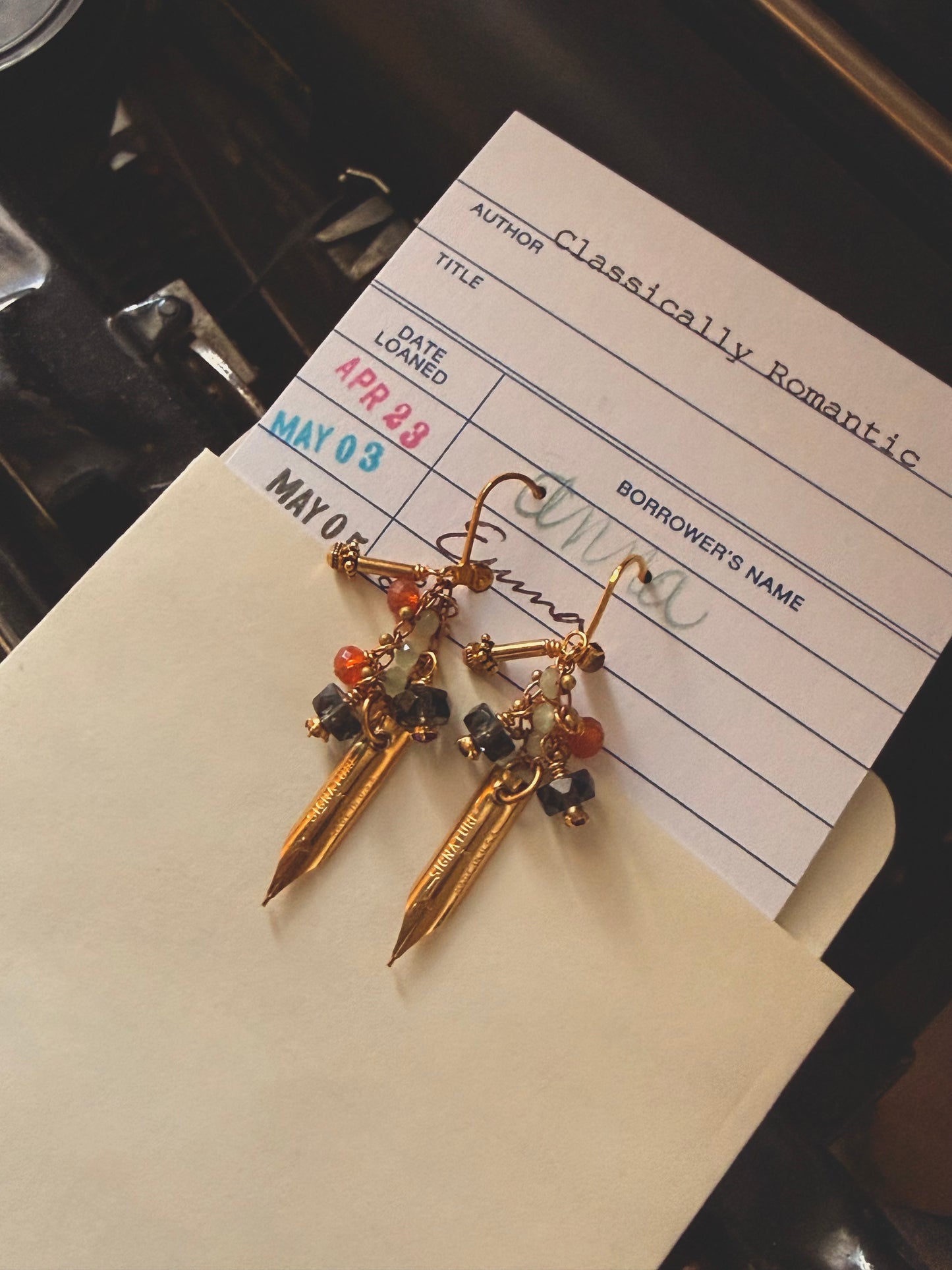 Multicolor jewel toned vintage pen nib earrings, clustered glass bead dangles