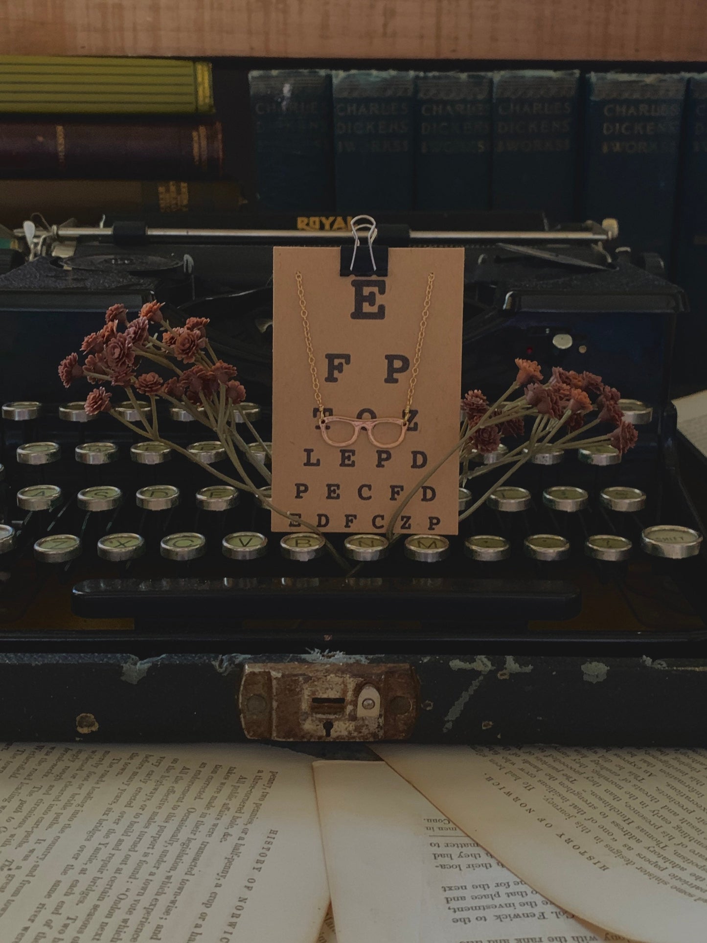 Gold eyeglass charm necklace, librarian gift, bookish jewelry, optical jewelry, optician jewelry, Four Eyes Are Better Than None