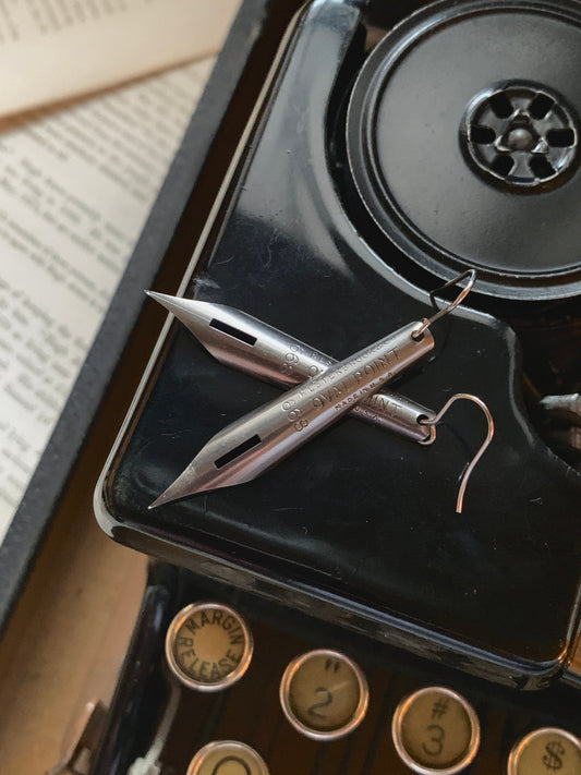 Vintage Esterbrook Pen Nib Earrings, Light Gunmetal, Dark Academia-Inspired Jewelry for Writers & Book Lovers, Narrow Kite Shape