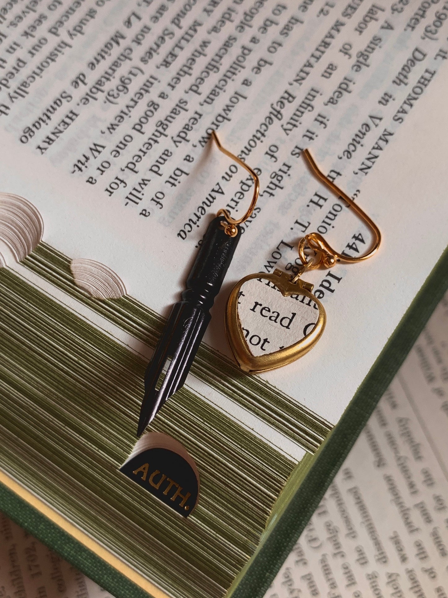 Ink & Quill Mismatched Earrings – Vintage Pen Nib and Heart Locket, For Writers, Poets, and Scholars of the Written Word