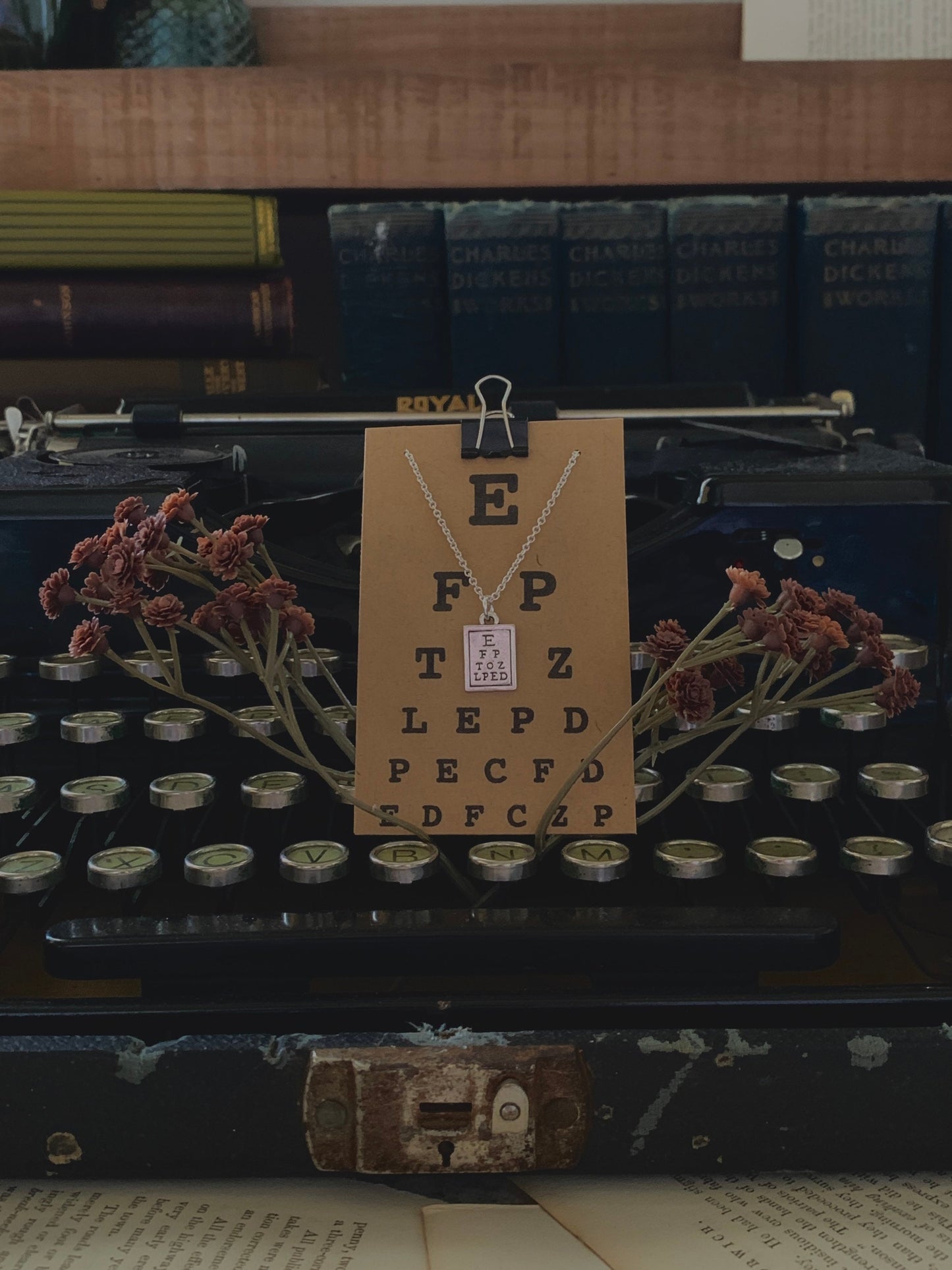 Mini Snellen chart charm necklace, silver tone, eye chart necklace, optical jewelry, optician jewelry, optometrist jewelry, Dress in 20/20