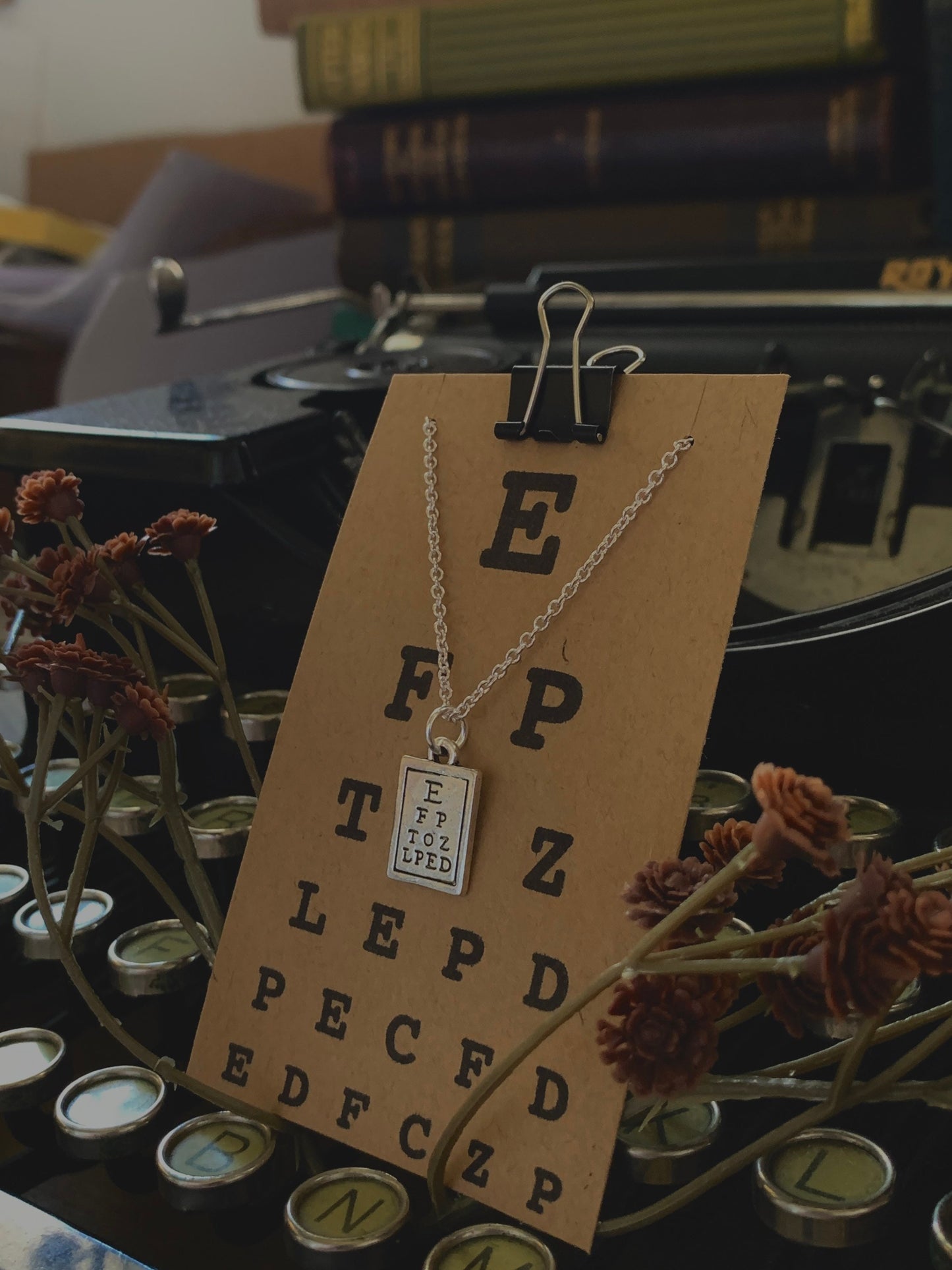 Mini Snellen chart charm necklace, silver tone, eye chart necklace, optical jewelry, optician jewelry, optometrist jewelry, Dress in 20/20