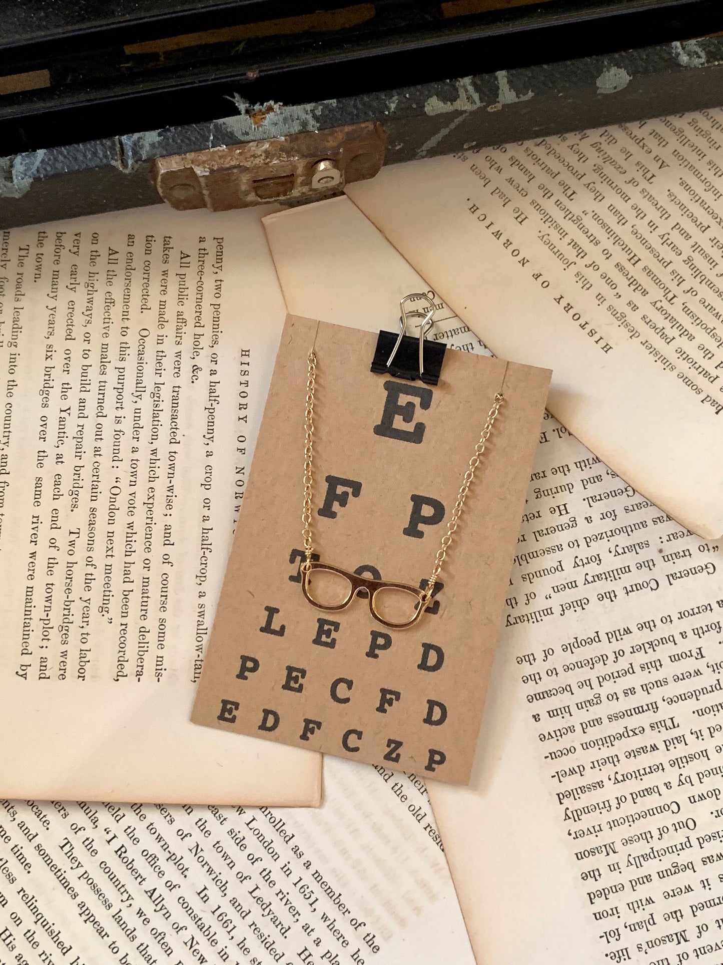 Gold eyeglass charm necklace, librarian gift, bookish jewelry, optical jewelry, optician jewelry, Four Eyes Are Better Than None
