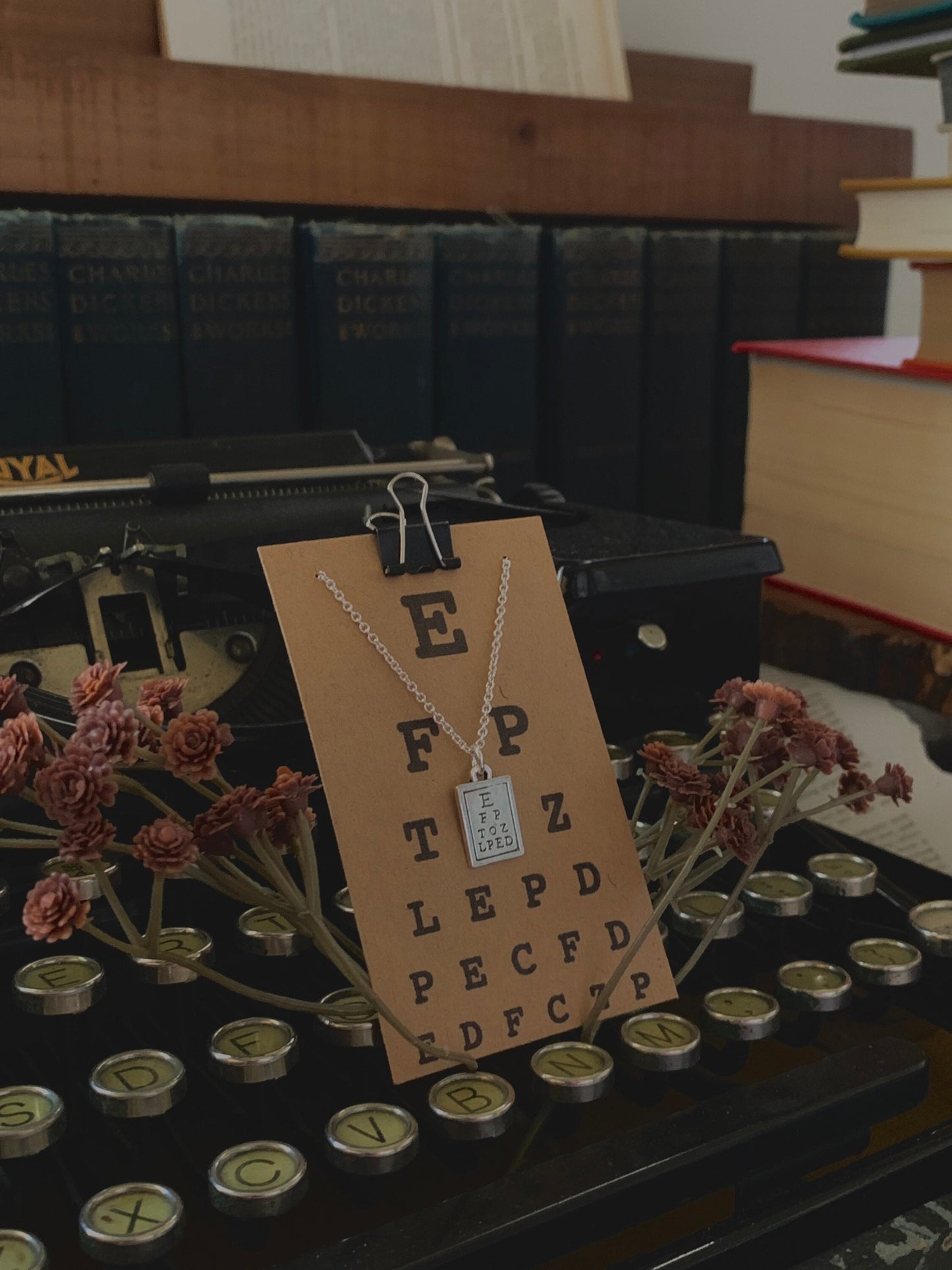 Mini Snellen chart charm necklace, silver tone, eye chart necklace, optical jewelry, optician jewelry, optometrist jewelry, Dress in 20/20