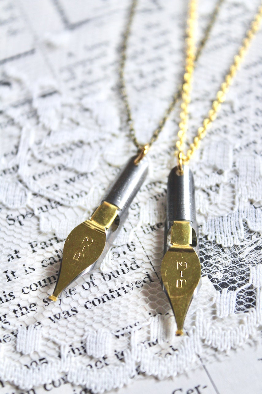 Vintage Speedball calligraphy pen necklace, pen nib necklace, stainless steel and brass, Speedball dip pen, pen nib, writer gift