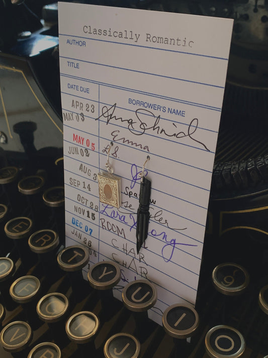 Black French vintage fountain pen & book locket earrings, mismatched earrings, fountain pen jewelry, pen nib jewelry, unique gift, book gift