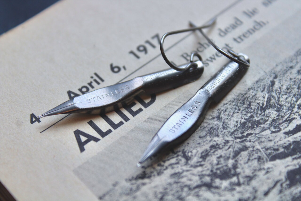 Vintage empire pen co. pen nib earrings, stainless, no. 21, pen nib earrings, vintage pen nib, calligraphy gift, writer gift, dark academia