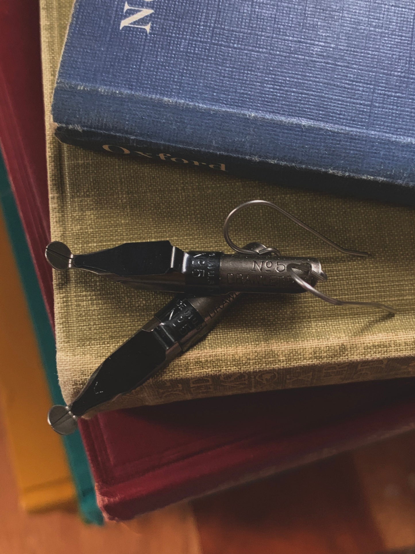 Vintage Esterbrook pen nib earrings, pen nib earrings, steel dip pen, Esterbrook No. 5 Drawlet, pen nibs, vintage pen nibs, dark academia